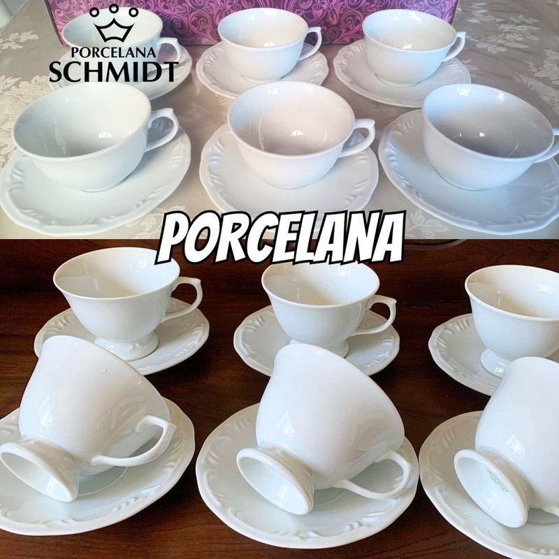 Estojo com 6 Xícaras Chá com Pires sem Pé em Porcelana – Modelo Redondo com Relevo Pomerode – Branca – fabricado pela Schmidt