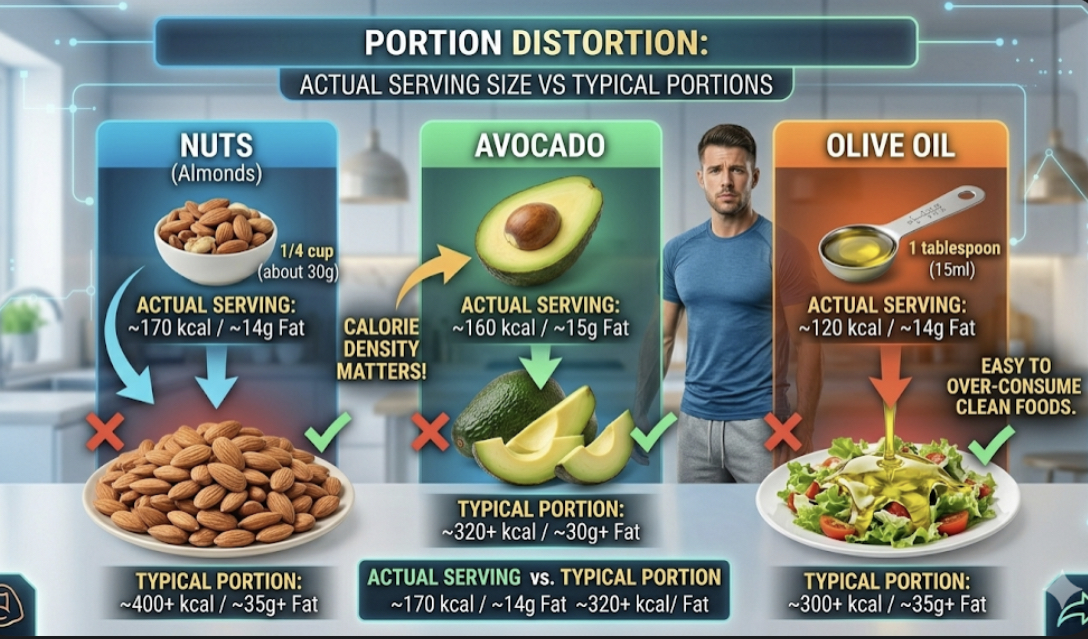 Visual comparison of actual serving sizes vs typical portions for nuts avocado and olive oil showing portion distortion problem