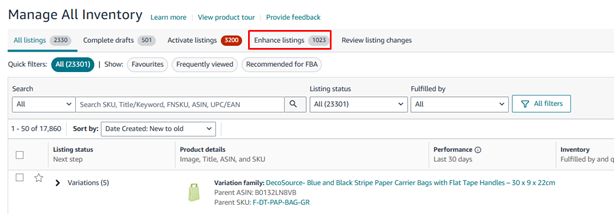 Amazon Enhance Listings queue showing listing quality flags, performance data and View enhancements buttons across 10,193 flagged listings