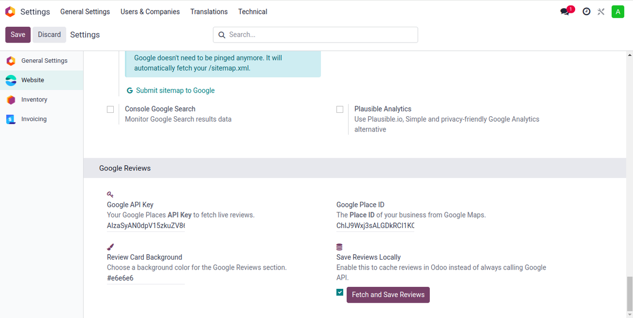 Settings in Odoo Settings