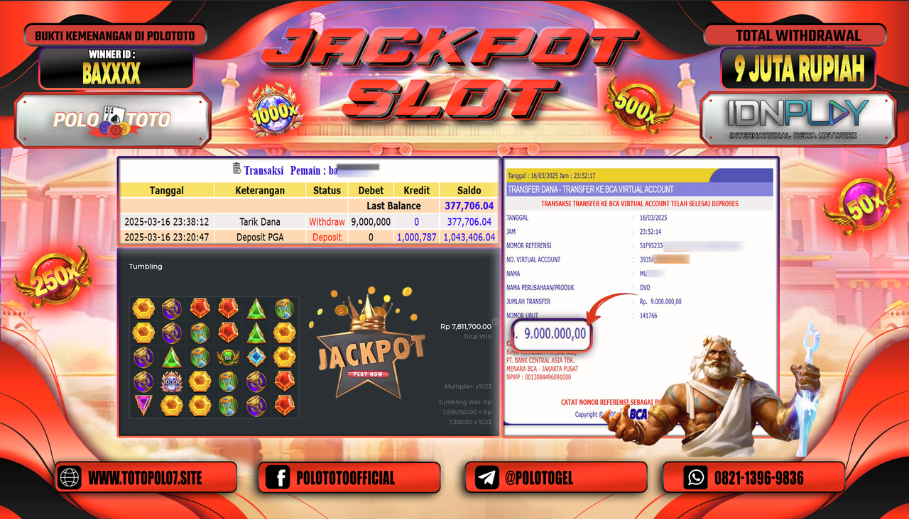 POLOTOTO JACKPOT SLOT GATES OF OLYMPUS 1000 Rp.9.000.000,-