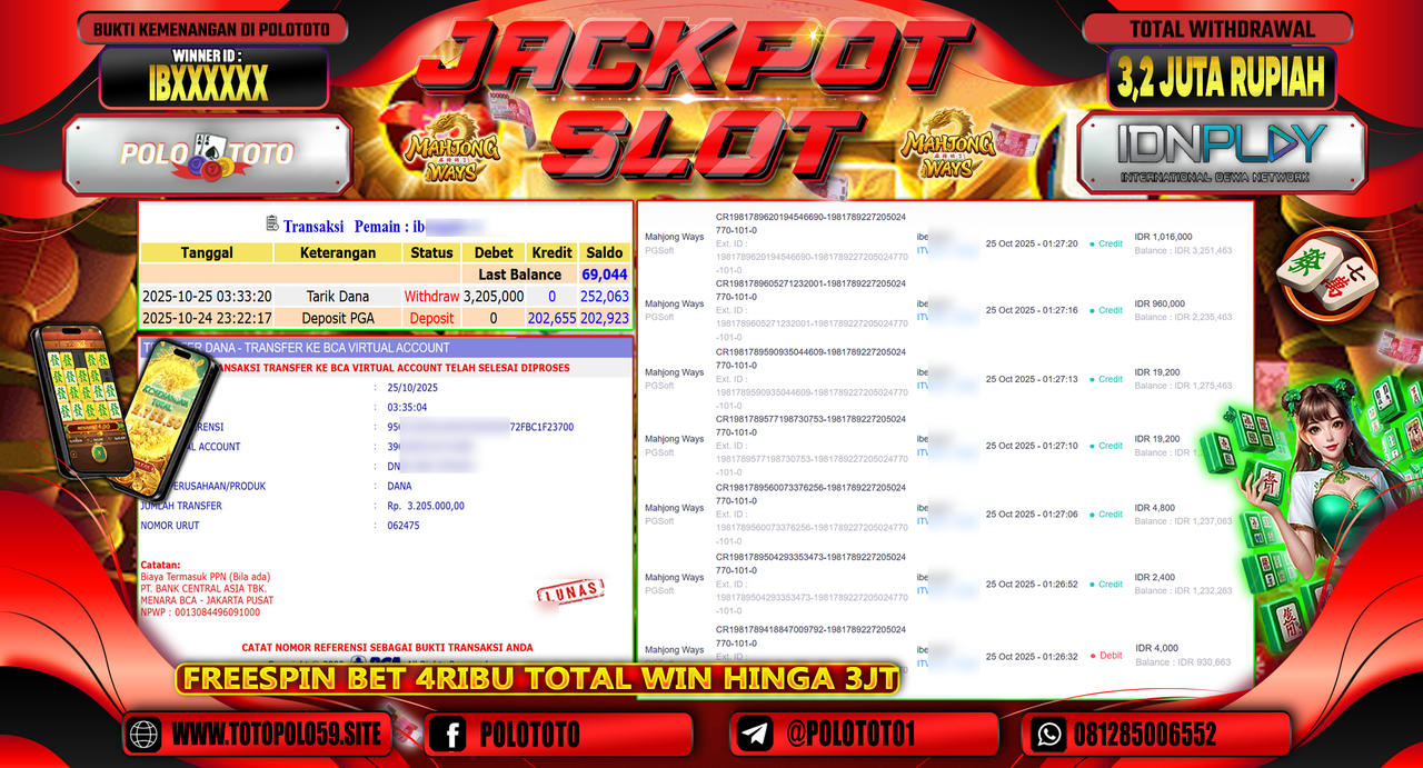 POLOTOTO JACKPOT SLOT MAHJONG WAYS Rp.3.200.000,- LUNAS