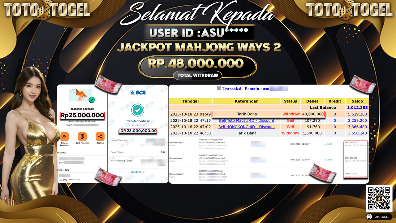 Bukti Pembayaran Jackpot Permainan Slot Mahjong  Ways 2 ID:ASU**** LUNAS