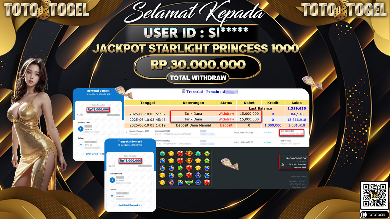 Bukti Pembayaran Jackpot Permainan Slot Starlight Princess 1000 ID:SI***** LUNAS