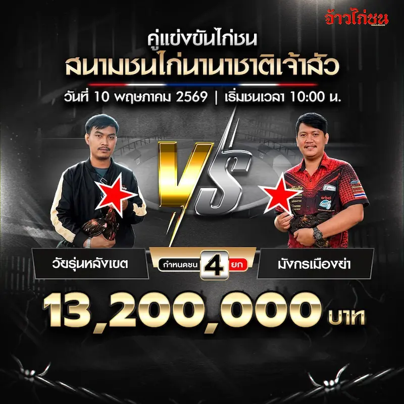 วัยรุ่นหลังเขต vs มังกรเมืองย่า โปรแกรมไก่ชน สนามชนไก่นานาชาติเจ้าสัว 10 พฤษภาคม 2569