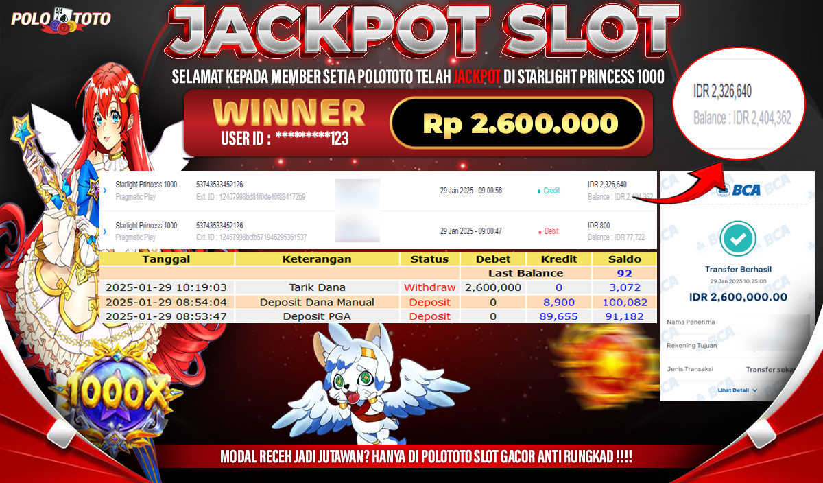 POLOTOTO JACKPOT SLOT STARLIGHT PRINCESS 1000 Rp.2,600.000,-
