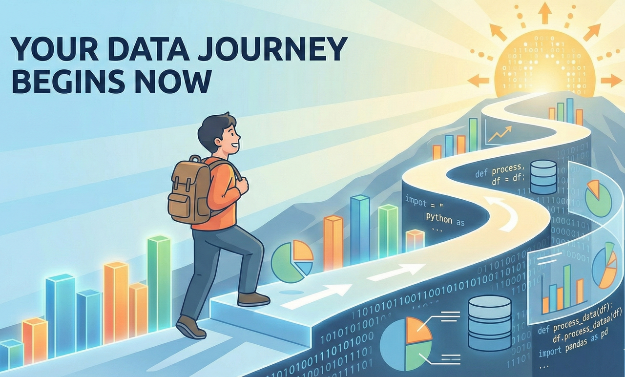 Person walking up a staircase or path made of data elements, symbolizing learning and growth