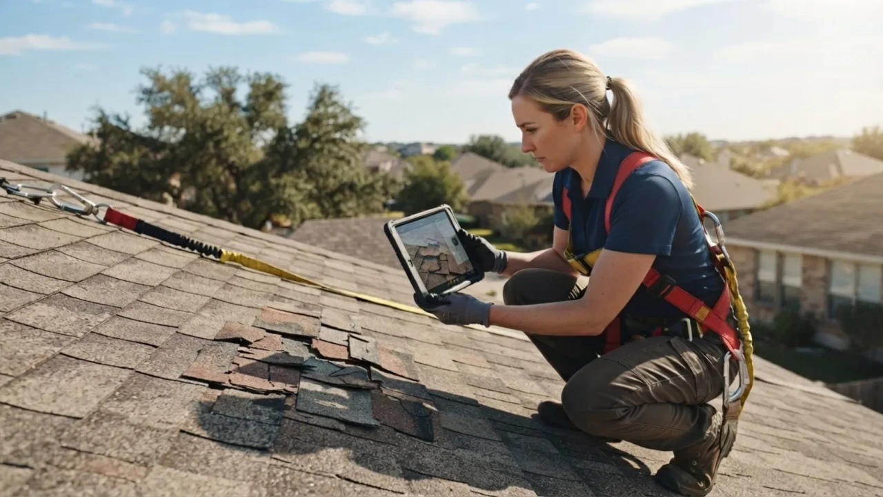 Insurance adjuster inspecting storm damaged roof San Antonio