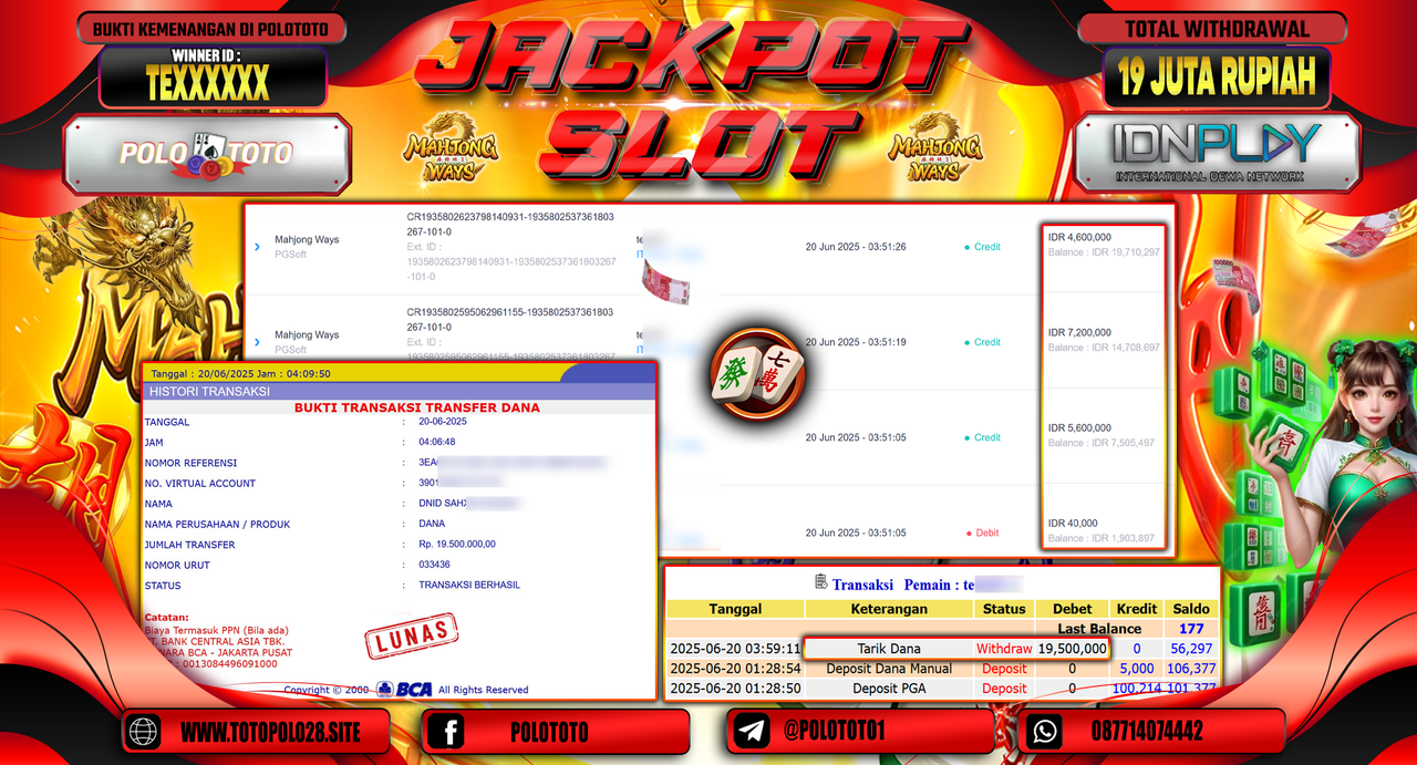 POLOTOTO JACKPOT SLOT MAHJONG WAYS Rp.19.500.000,-