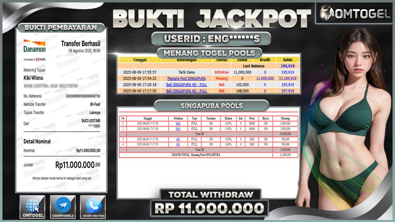 OMTOGEL JACKPOT SINGAPURA POOLS 4D 3D 11 JUTA DI BAYAR LUNAS ,-