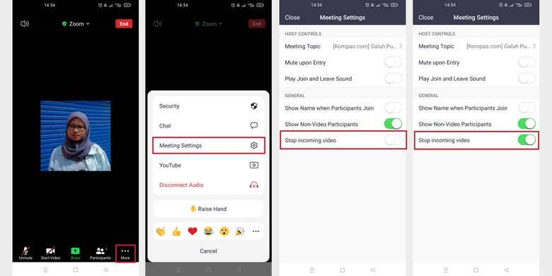 Cara blokir tampilan video peserta lain lewat aplikasi Zoom ponsel.