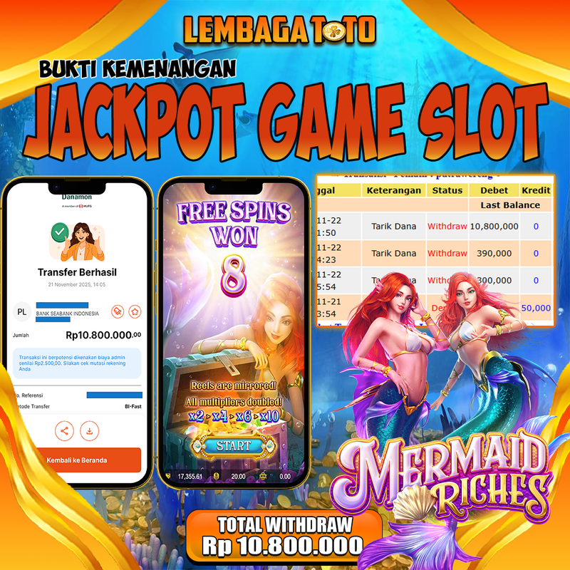BUKTI JACKPOT 22 NOVEMBER LEMBAGATOTO MERMAID RICHES Rp.10.800.000,- LUNAS