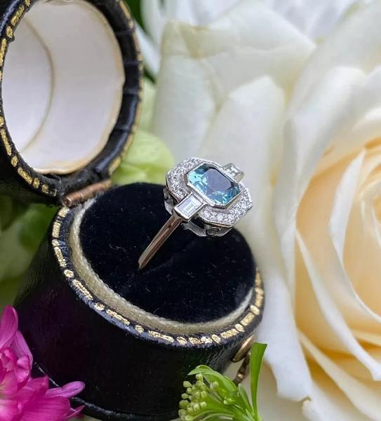 68 3353 Asscher Cut Aquamarine Bezel Set Vintage Halo Ring Gemstone Only