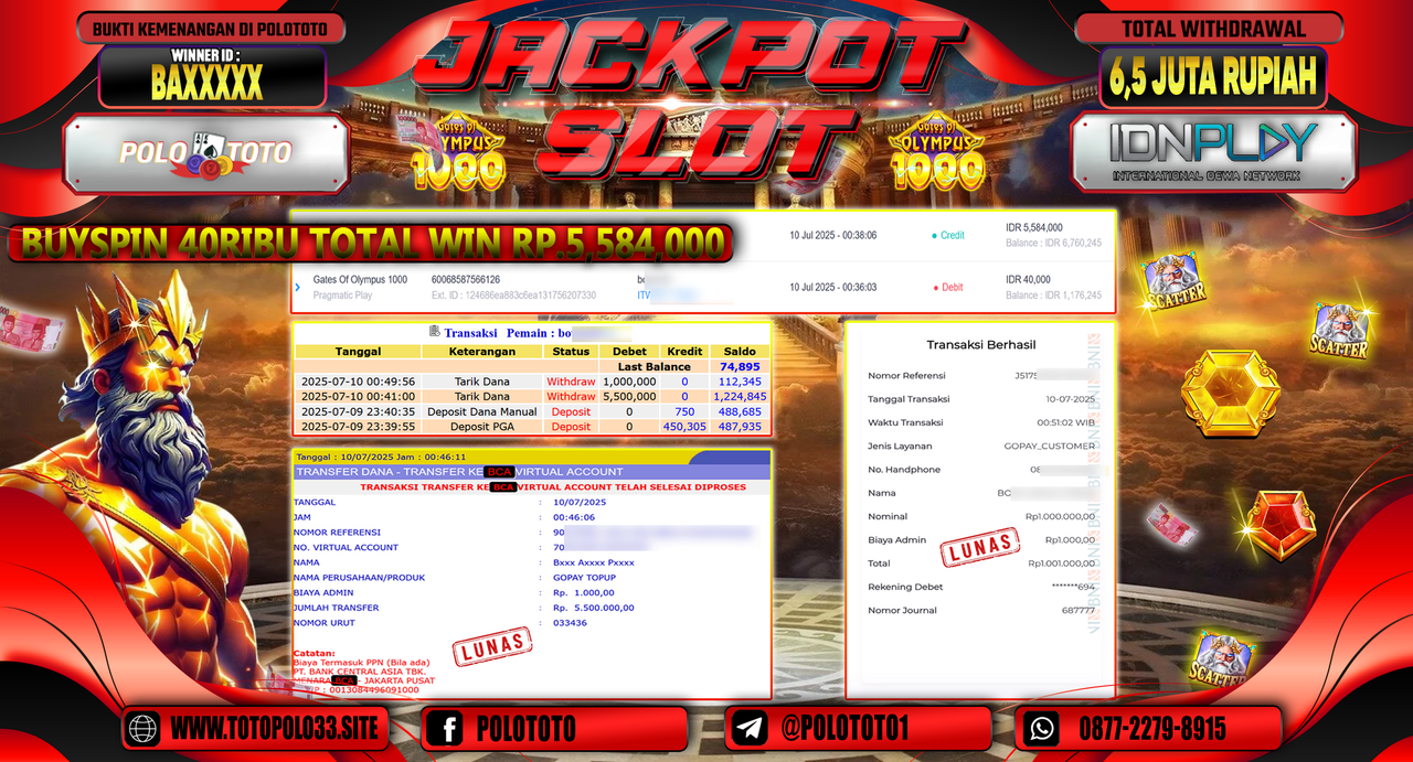 POLOTOTO JACKPOT SLOT GATES OF OLYMPUS 1000 Rp.6.500.000,-