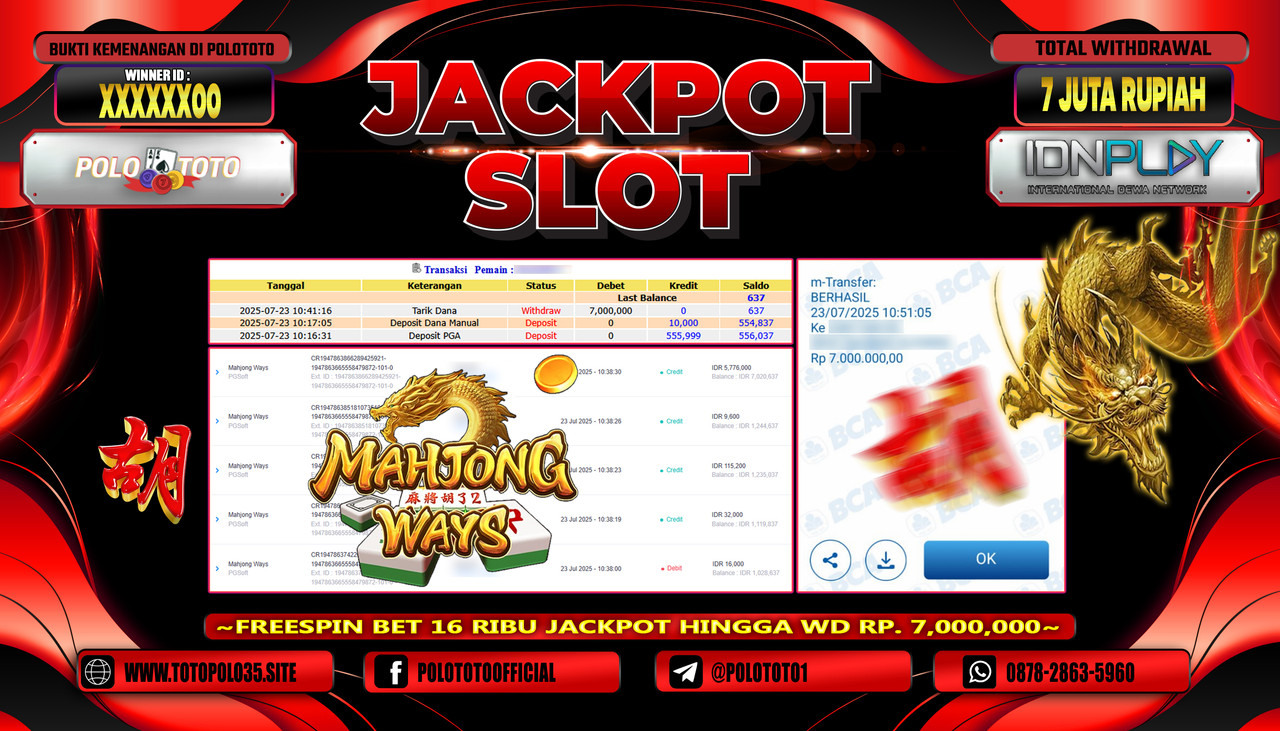 POLOTOTO JACKPOT SLOT MAHJONG WAYS Rp.7.000.000,- LUNAS