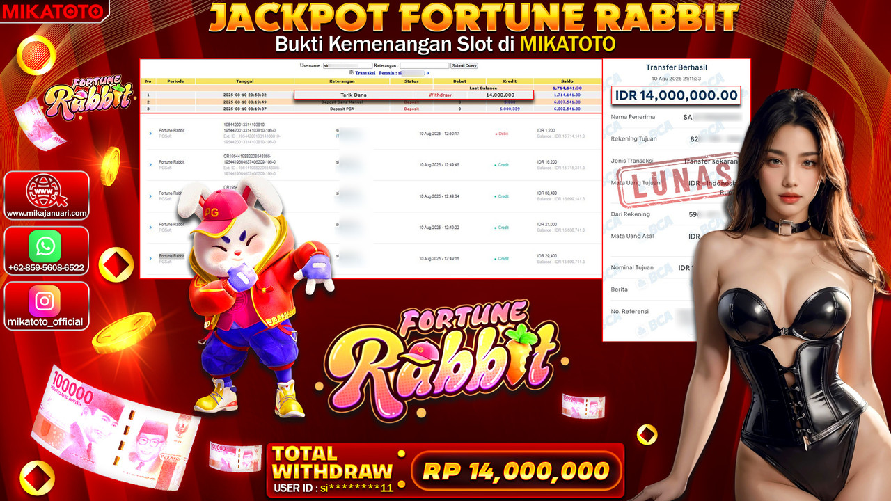 🏆 SELAMAT KEPADA PEMENANG JACKPOT DI Fortune Rabbit 14,000,000🏆
