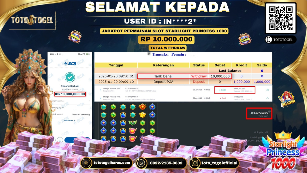 Bukti Pembayaran Jackpot  Permainan Slot Starlight Princess 1000  :IN****2*  LUNAS