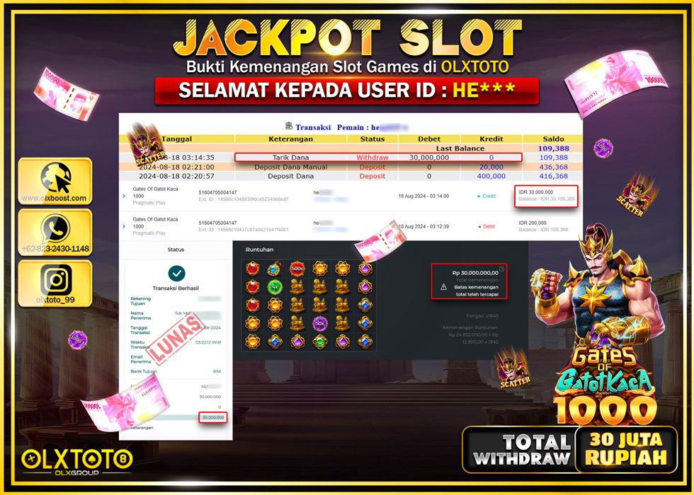 OLXTOTO JACKPOT  SLOT GATES OF GATOT KACA 1000 Rp.30.000.000.,- LUNAS