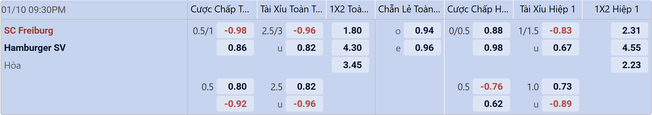 Tỉ lệ kèo Freiburg vs Hamburger