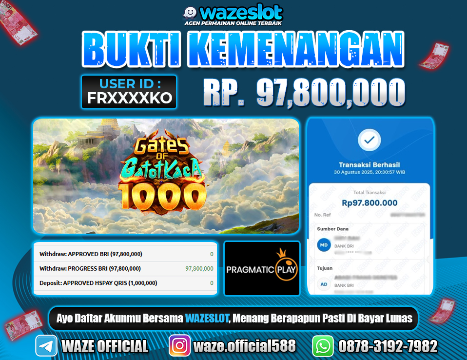 BUKTI KEMENANGAN 31 AGUSTUS 2025 GAME GATES OF GATOTOT KACA 1000 ( PRAGMATIC PLAY )