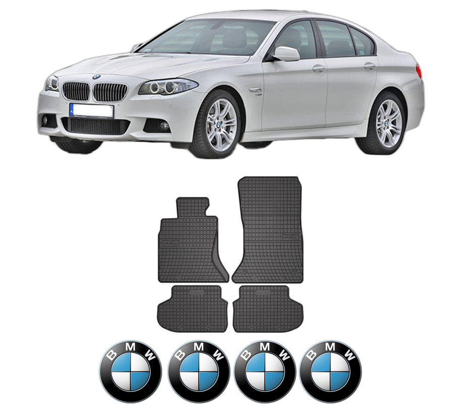 Set covorase presuri BMW Seria 5 (F10) din 2009-2016, auto, din cauciuc thermoplastic, 4 Stickere auto cu BMW Seria