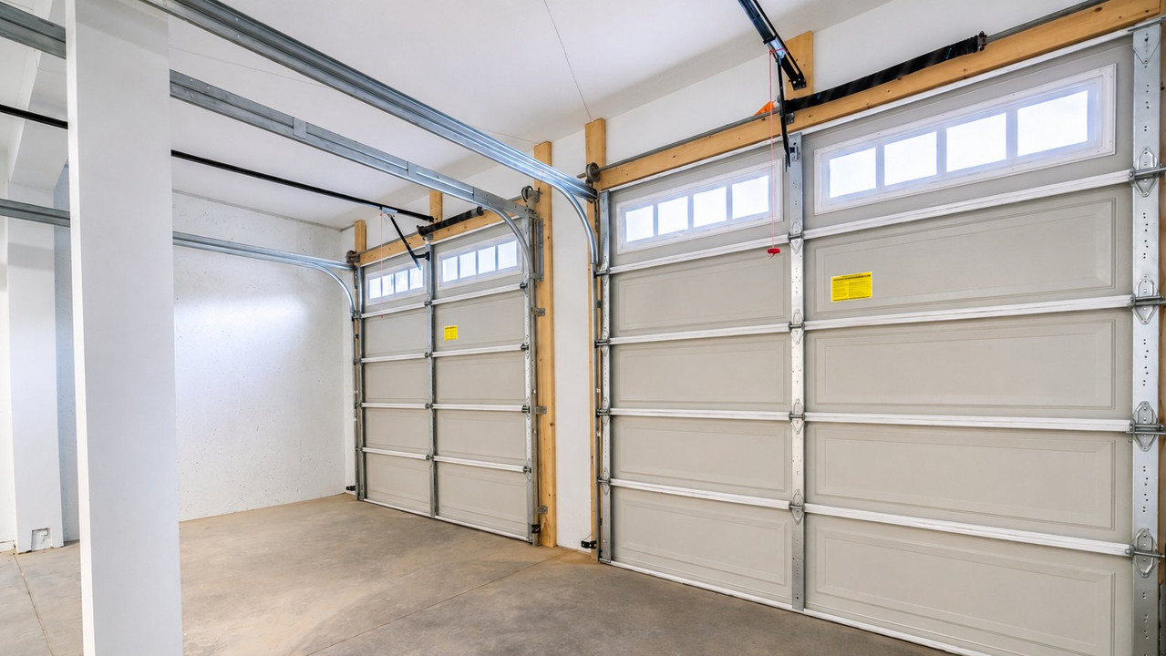 Interior view of residential garage doors and opener system