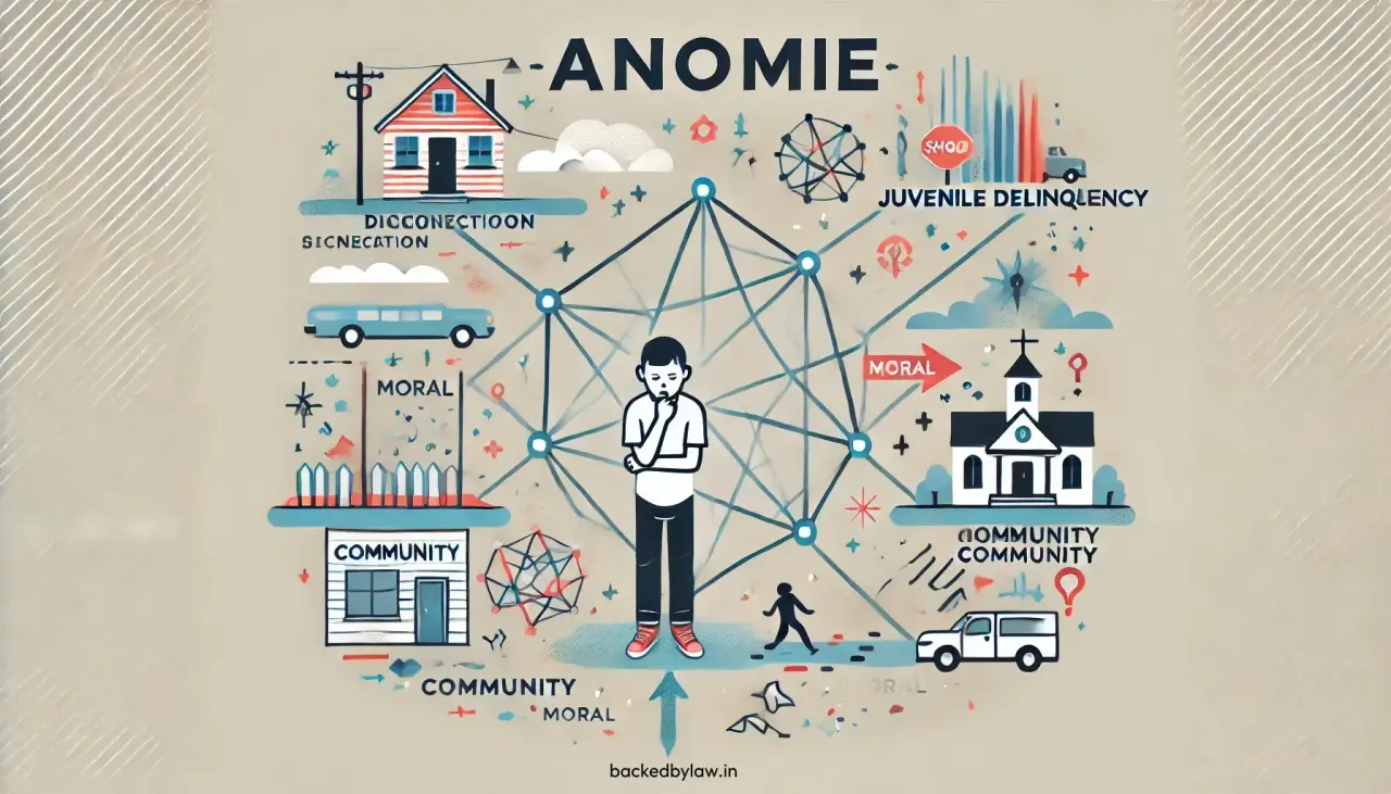 Illustration explaining the concept of anomie, highlighting its meaning of normlessness, Durkheim's theory, and its societal implications.