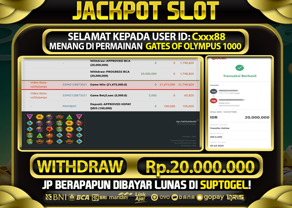  BUKTI KEMENANGAN 30 JULY 2025 MENANG DI PERMAINAN GATES OF OLYMPUS 1000  TOTAL WD 20 JUTA