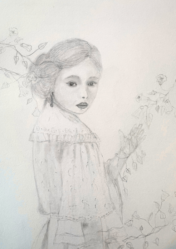 Graphite portrait of a girl in a smocked dress looking back, surrounded by trailing vines