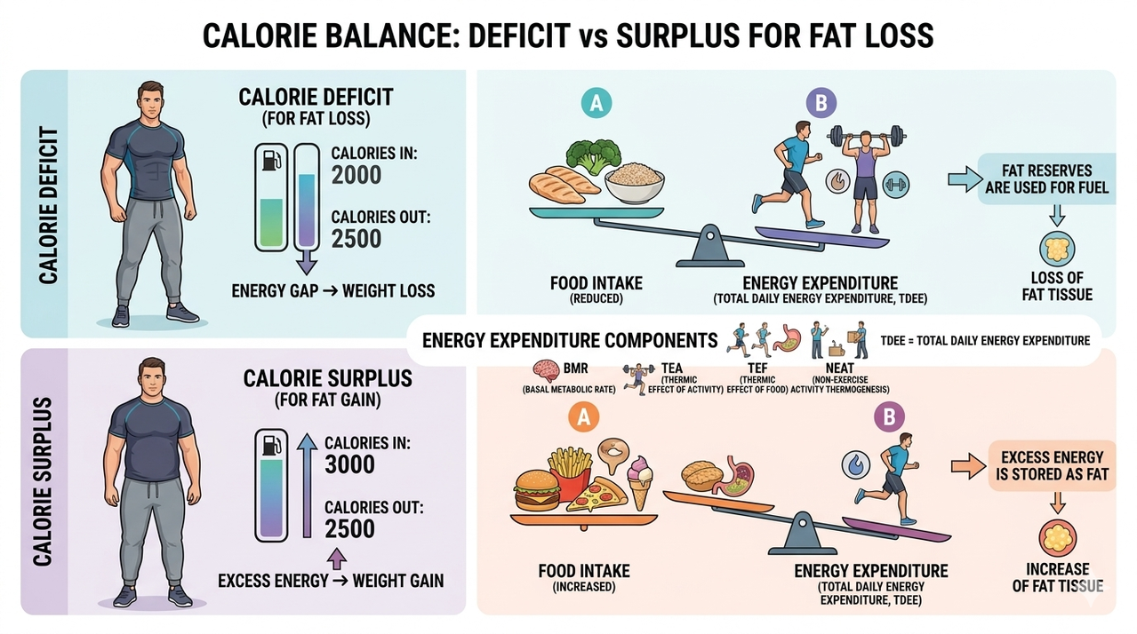 Infographic explaining calorie deficit vs surplus for fat loss showing food intake and energy expenditure balance for beginners