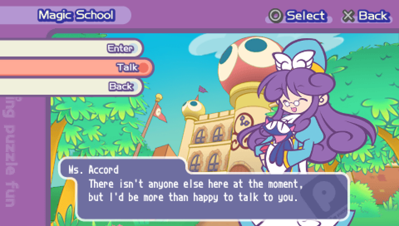 The player is hovered over the "Talk" button, with Ms. Accord stating: "There isn't anyone else here at the moment, but I'd be more than happy to talk to you.