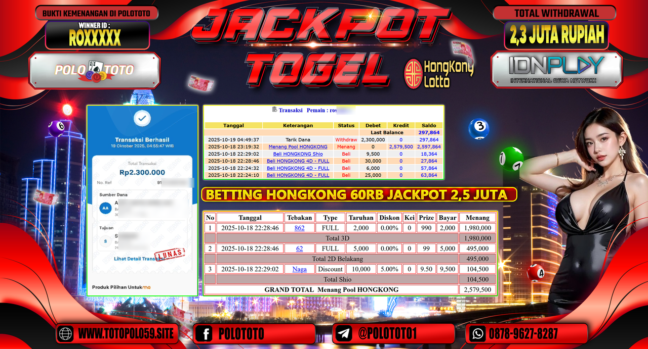 POLOTOTO JACKPOT TOGEL MENANG HONGKONG LOTTO Rp.2.300.000,- LUNAS