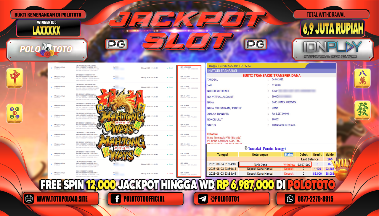 POLOTOTO JACKPOT SLOT MAHJONG WAYS Rp.6.900.000,-LUNAS