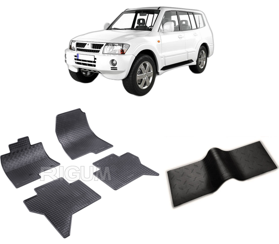 Set covorase auto MITSUBISHI PAJERO III din 2000-03.2007, cu covoras tunel median, CAROSERIE SUV 5 USI, Presuri cauciuc 100%, compatibil cu autoturismul MITSUBISHI PAJERO III, Rigum