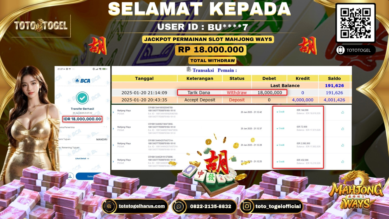 Bukti Pembayaran Jackpot  Permainan Slot Mahjong Ways  ID:BU****7  LUNAS