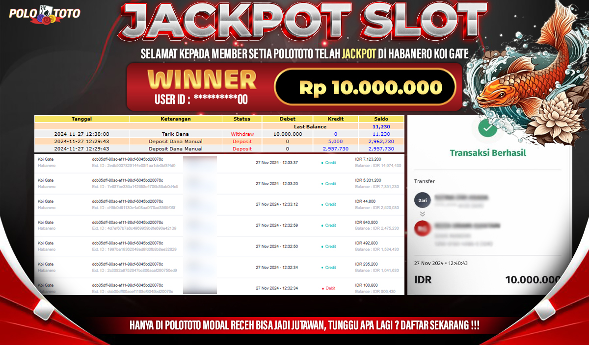 POLOTOTO JACKPOT SLOT KOI GATE Rp.10,000.000,-