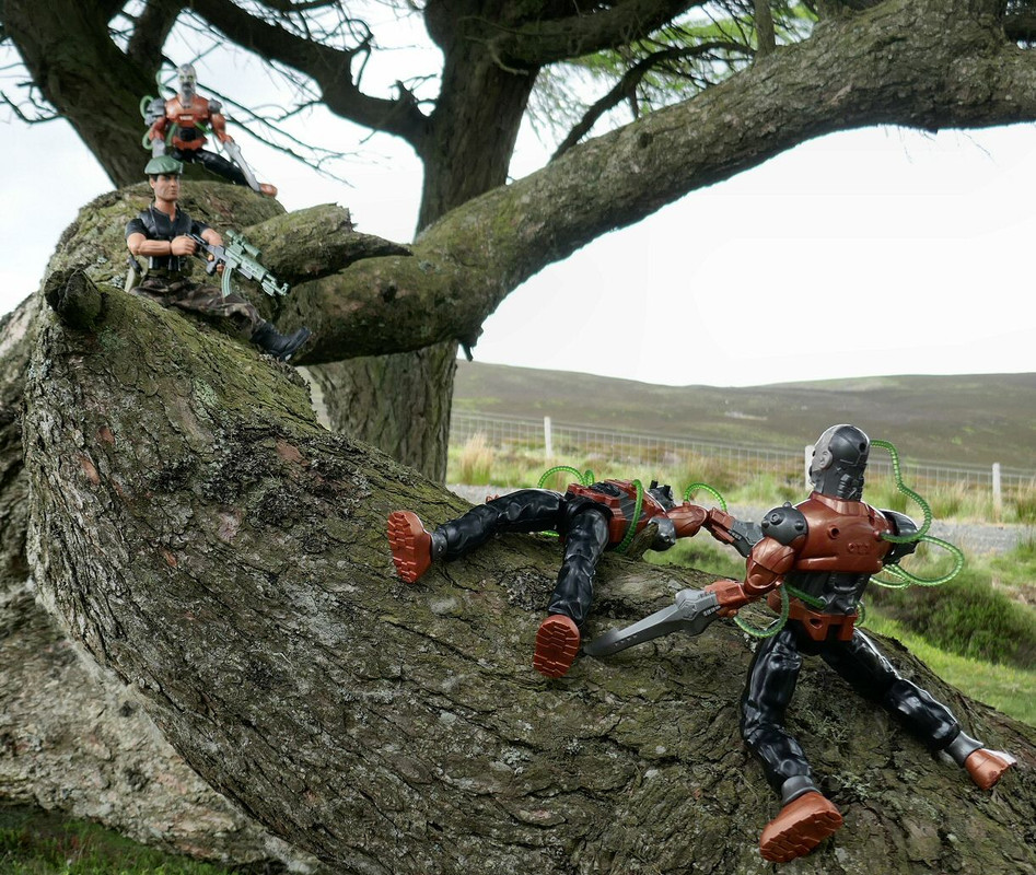 Action Man treed by a robot trio. FD6896-C9-AAFE-418-A-A864-2-D700-C719-C0-E