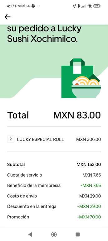 Lucky Sushi en Uber eats: 2 Rollos por $83 | Variedad de Rollos al 2x1 con cupón adicional con Uber One 
