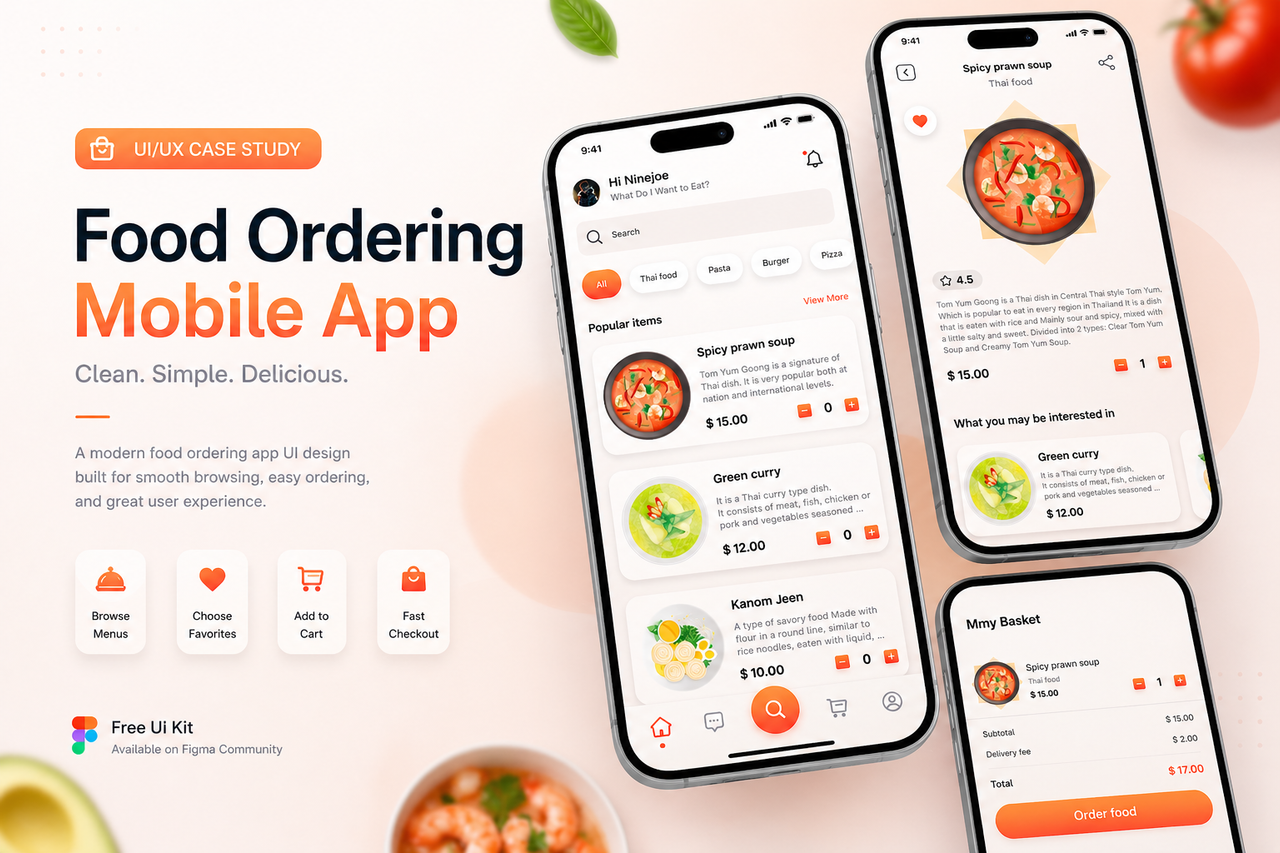 Food Ordering Mobile App – UX/UI Design | Free UI Kit
