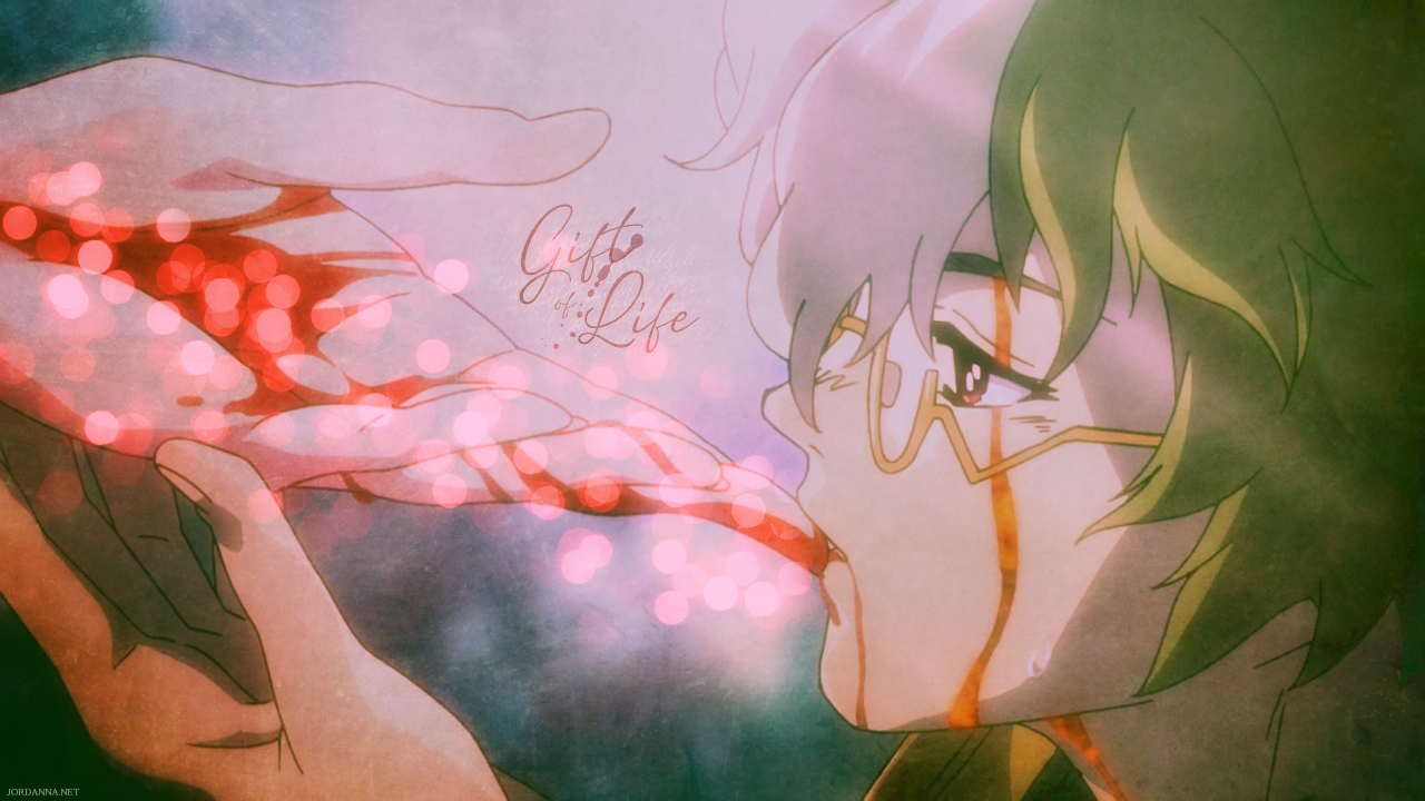 Wallpaper of Ikoma from the anime Kabaneri of the Iron Fortress feeding on blood. Color filtered version.