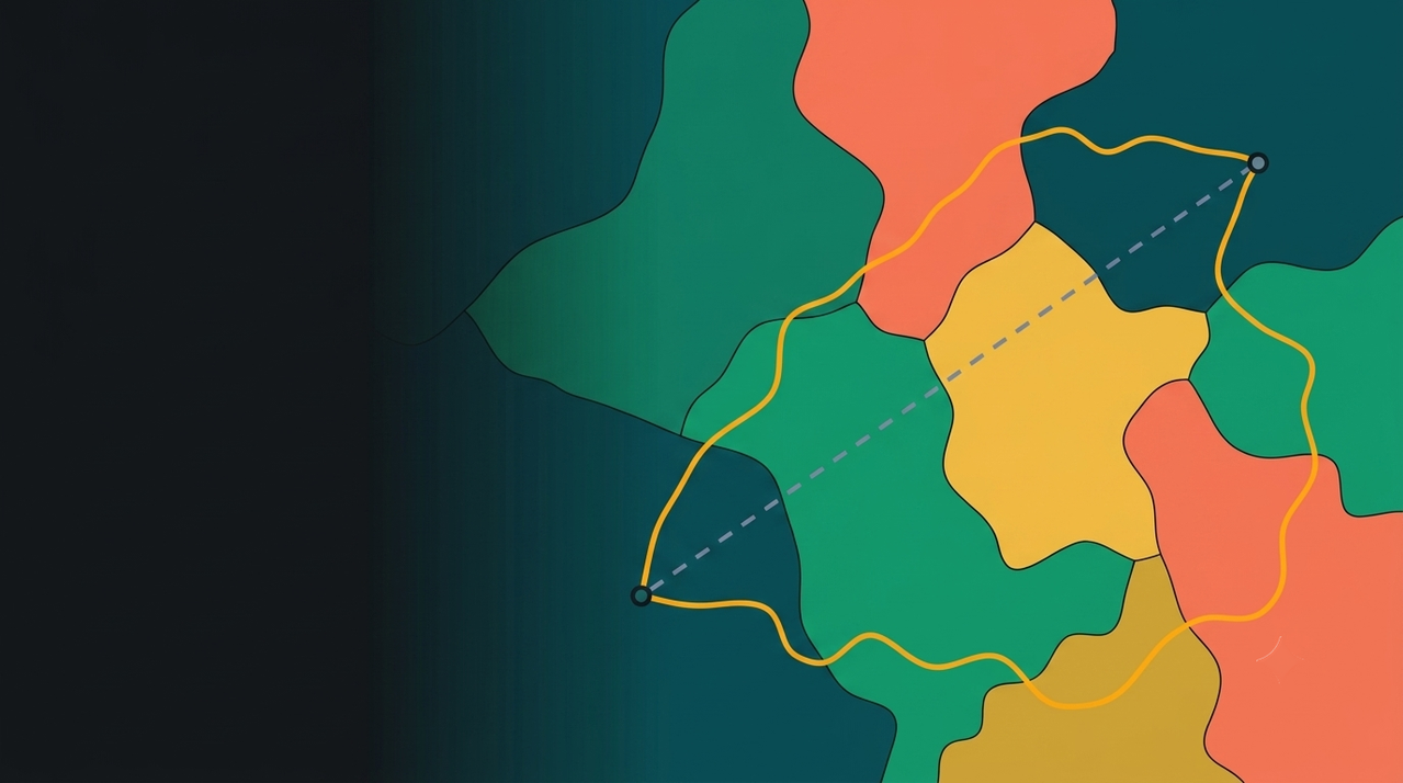 An abstract map divided into five terrain-shaped colour regions, with a straight dashed line and a wandering road line between two points