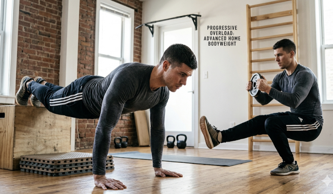 Progressive overload for home workouts showing advanced bodyweight exercises like decline push-ups and pistol squats for building muscle without gym