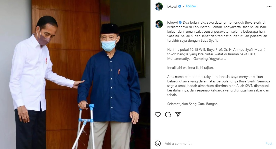 Postingan @jokowi di Instagram kenang Buya Syafii Maarif.