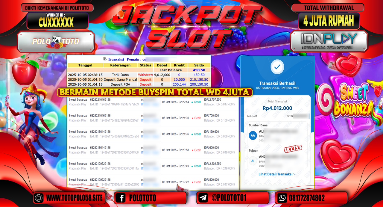 POLOTOTO JACKPOT SLOT SWEET BONANZA Rp.4.000.000,- LUNAS