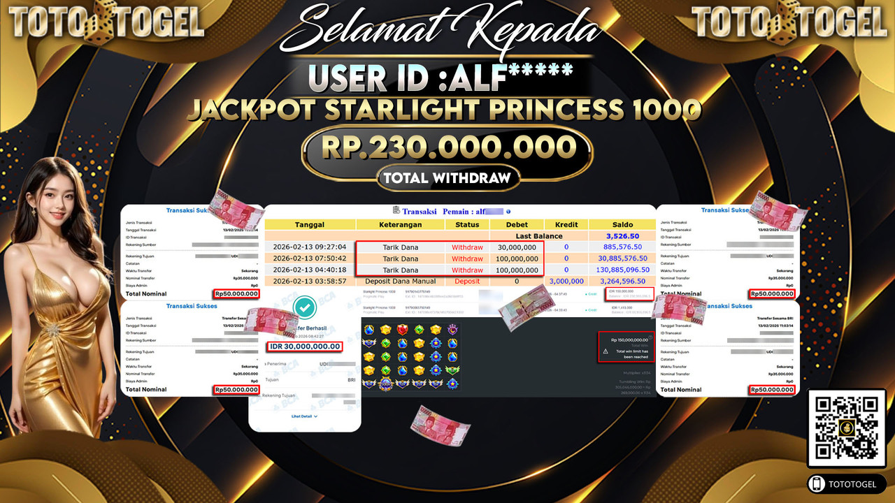 Bukti Pembayaran Jackpot Permainan Slot Starlight Princess 1000 ID:ALF*****LUNAS
