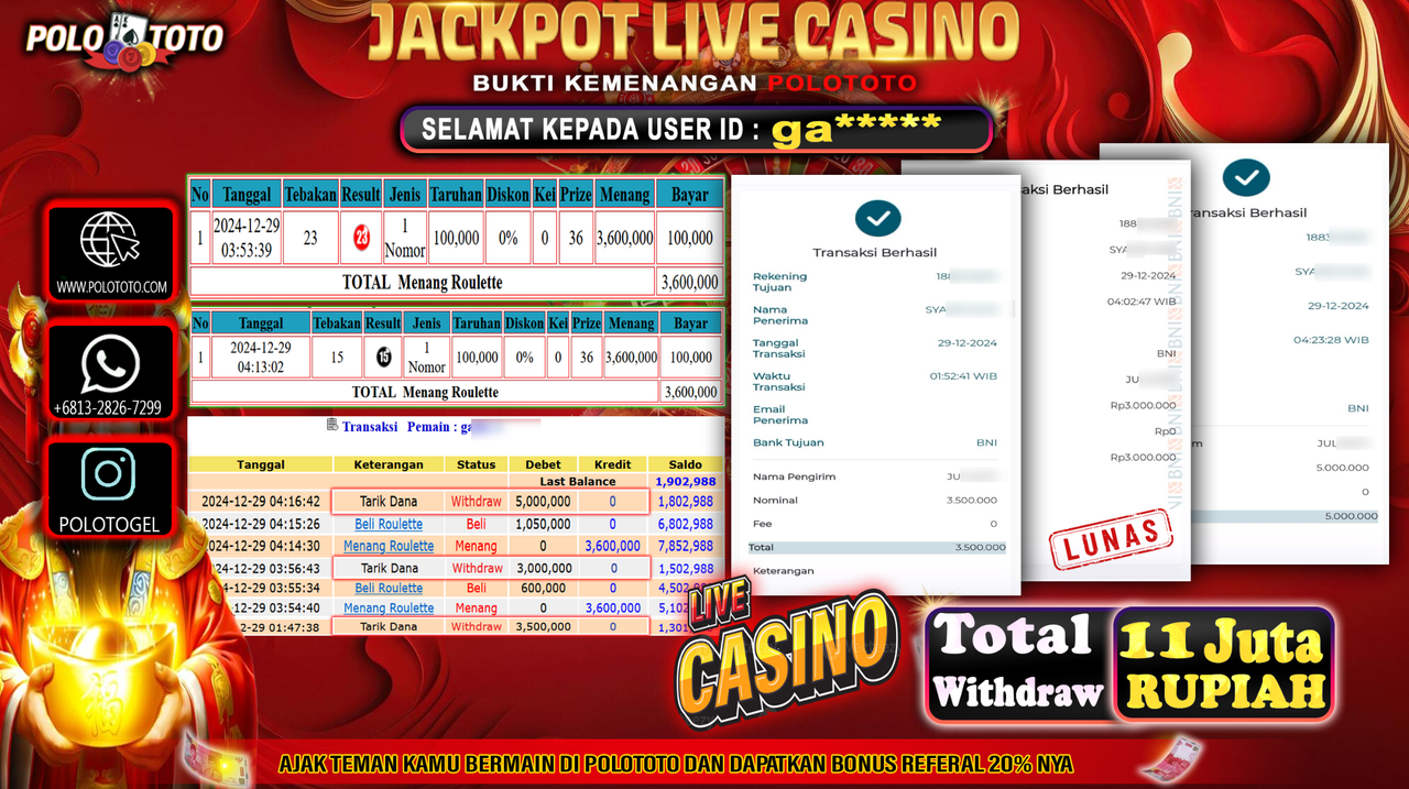 POLOTOTO JACKPOT LIVE CASINO ROULETTE Rp.11,000.000,-