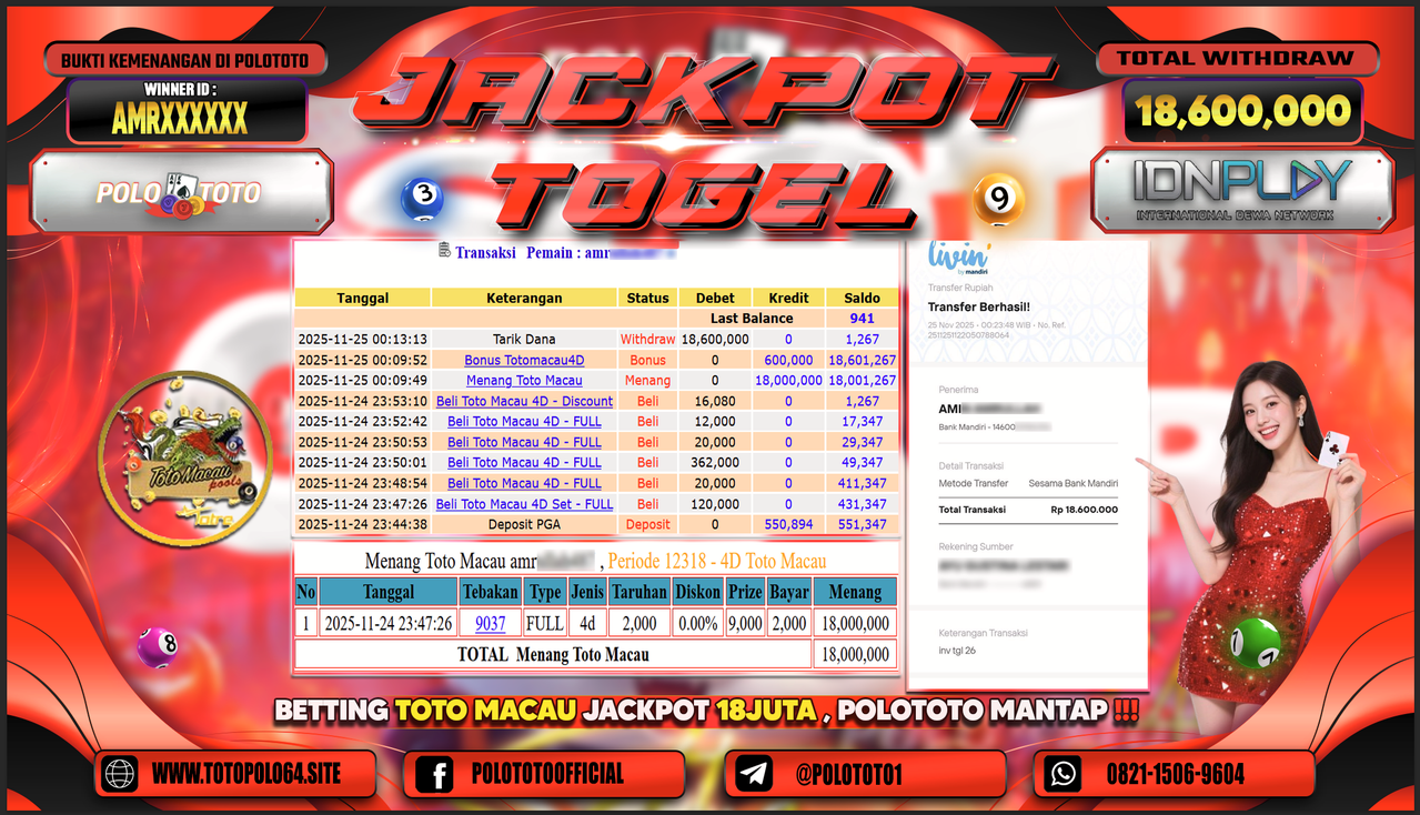 POLOTOTO JACKPOT TOGEL MENANG TOTO MACAU Rp.18.600.000,- LUNAS