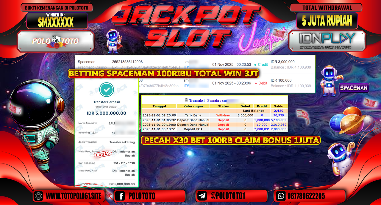 POLOTOTO JACKPOT SLOT SPACEMAN Rp.5.000.000,- LUNAS