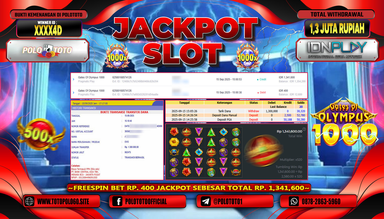 POLOTOTO JACKPOT SLOT GATES OF OLYMPUS 1000 Rp.1.300.000,-LUNAS