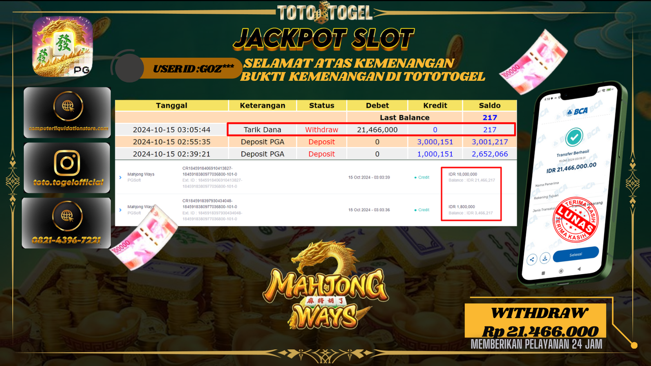 Bukti Kemenangan Permainan  Slot Mahjong Wayz   ID : GOZ*** Terbayar Lunas!!